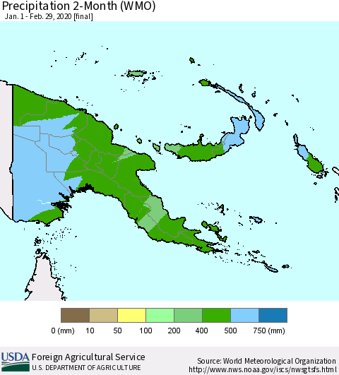 Papua New Guinea Precipitation 2-Month (WMO) Thematic Map For 1/1/2020 - 2/29/2020
