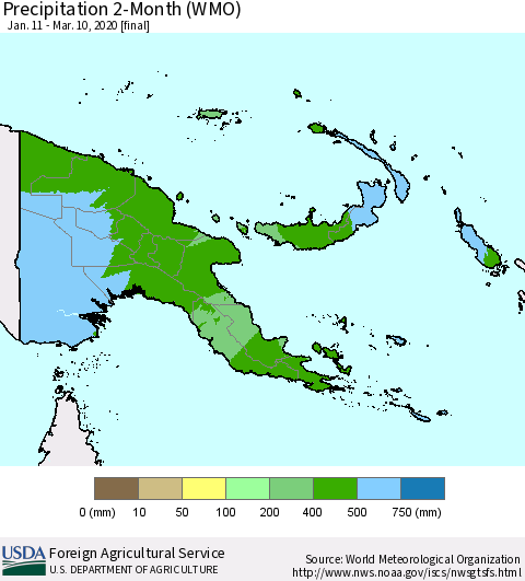 Papua New Guinea Precipitation 2-Month (WMO) Thematic Map For 1/11/2020 - 3/10/2020