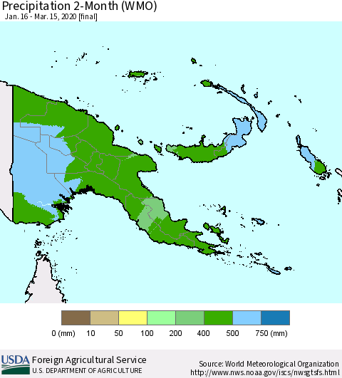 Papua New Guinea Precipitation 2-Month (WMO) Thematic Map For 1/16/2020 - 3/15/2020