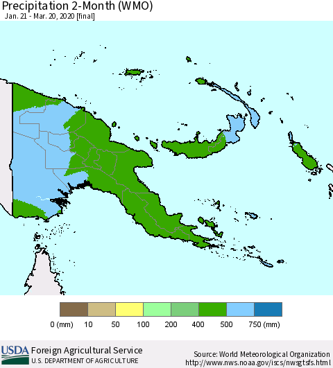 Papua New Guinea Precipitation 2-Month (WMO) Thematic Map For 1/21/2020 - 3/20/2020