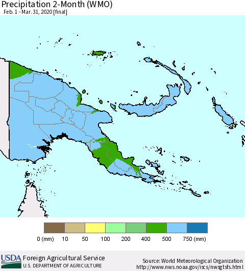 Papua New Guinea Precipitation 2-Month (WMO) Thematic Map For 2/1/2020 - 3/31/2020