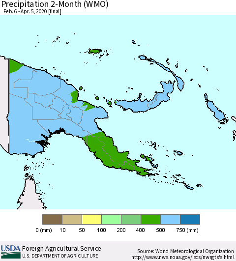 Papua New Guinea Precipitation 2-Month (WMO) Thematic Map For 2/6/2020 - 4/5/2020