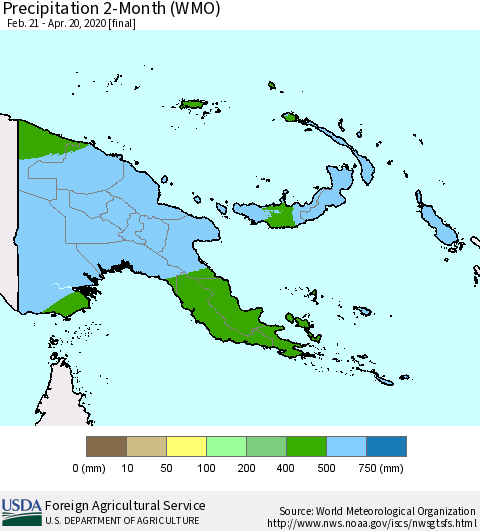 Papua New Guinea Precipitation 2-Month (WMO) Thematic Map For 2/21/2020 - 4/20/2020