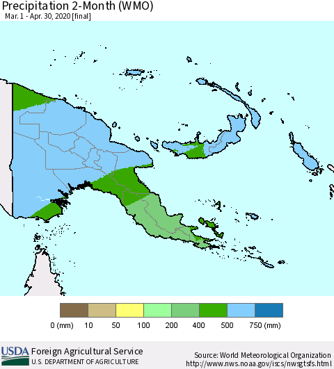 Papua New Guinea Precipitation 2-Month (WMO) Thematic Map For 3/1/2020 - 4/30/2020