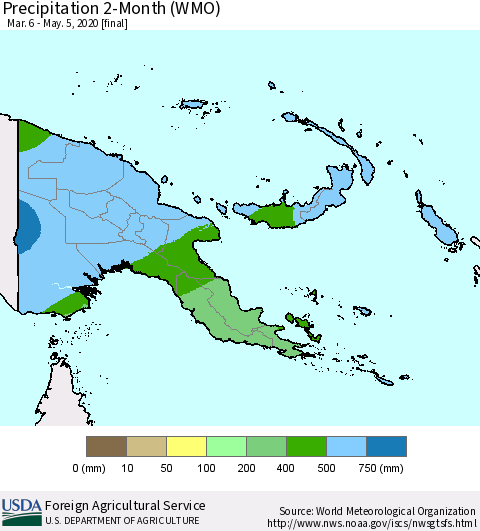 Papua New Guinea Precipitation 2-Month (WMO) Thematic Map For 3/6/2020 - 5/5/2020