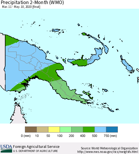 Papua New Guinea Precipitation 2-Month (WMO) Thematic Map For 3/11/2020 - 5/10/2020