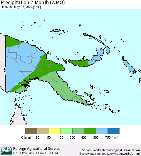 Papua New Guinea Precipitation 2-Month (WMO) Thematic Map For 3/16/2020 - 5/15/2020