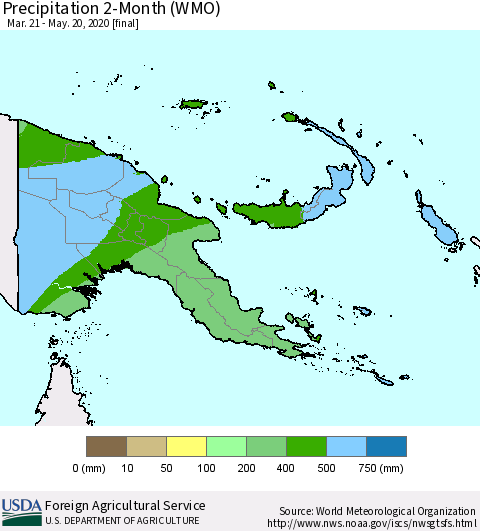 Papua New Guinea Precipitation 2-Month (WMO) Thematic Map For 3/21/2020 - 5/20/2020