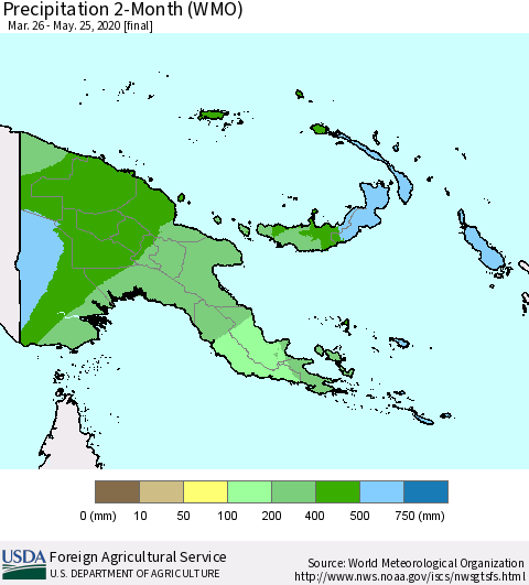 Papua New Guinea Precipitation 2-Month (WMO) Thematic Map For 3/26/2020 - 5/25/2020