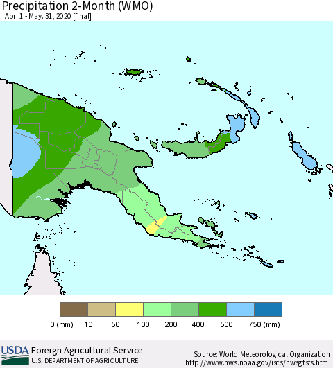 Papua New Guinea Precipitation 2-Month (WMO) Thematic Map For 4/1/2020 - 5/31/2020