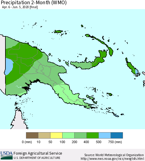 Papua New Guinea Precipitation 2-Month (WMO) Thematic Map For 4/6/2020 - 6/5/2020