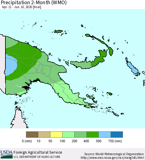 Papua New Guinea Precipitation 2-Month (WMO) Thematic Map For 4/11/2020 - 6/10/2020