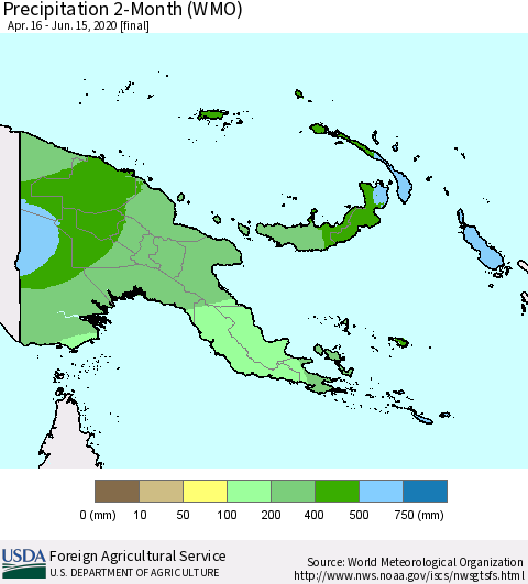 Papua New Guinea Precipitation 2-Month (WMO) Thematic Map For 4/16/2020 - 6/15/2020