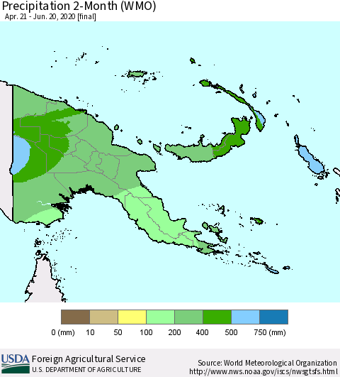 Papua New Guinea Precipitation 2-Month (WMO) Thematic Map For 4/21/2020 - 6/20/2020