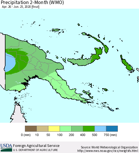Papua New Guinea Precipitation 2-Month (WMO) Thematic Map For 4/26/2020 - 6/25/2020