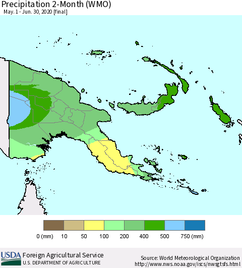 Papua New Guinea Precipitation 2-Month (WMO) Thematic Map For 5/1/2020 - 6/30/2020