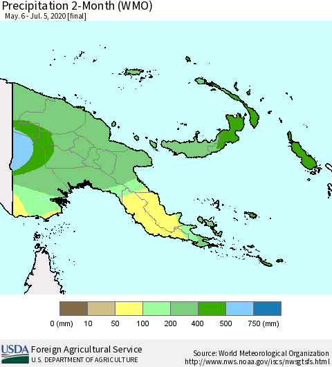 Papua New Guinea Precipitation 2-Month (WMO) Thematic Map For 5/6/2020 - 7/5/2020