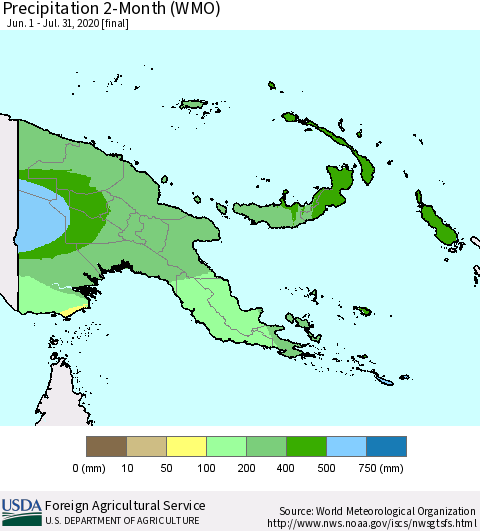 Papua New Guinea Precipitation 2-Month (WMO) Thematic Map For 6/1/2020 - 7/31/2020