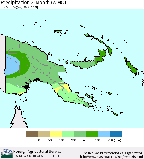Papua New Guinea Precipitation 2-Month (WMO) Thematic Map For 6/6/2020 - 8/5/2020