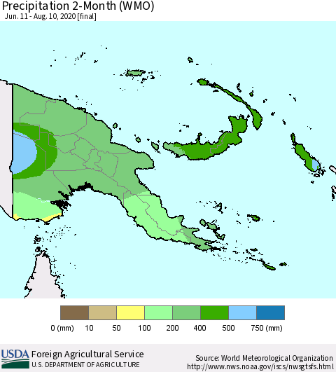 Papua New Guinea Precipitation 2-Month (WMO) Thematic Map For 6/11/2020 - 8/10/2020