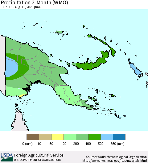 Papua New Guinea Precipitation 2-Month (WMO) Thematic Map For 6/16/2020 - 8/15/2020