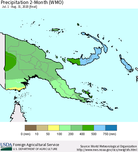 Papua New Guinea Precipitation 2-Month (WMO) Thematic Map For 7/1/2020 - 8/31/2020