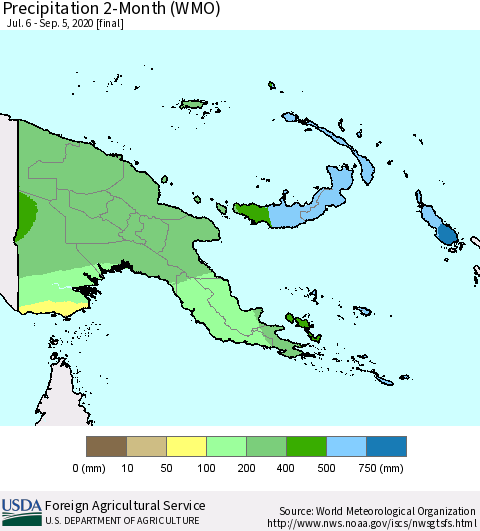 Papua New Guinea Precipitation 2-Month (WMO) Thematic Map For 7/6/2020 - 9/5/2020