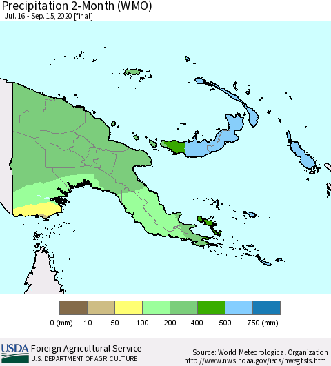Papua New Guinea Precipitation 2-Month (WMO) Thematic Map For 7/16/2020 - 9/15/2020