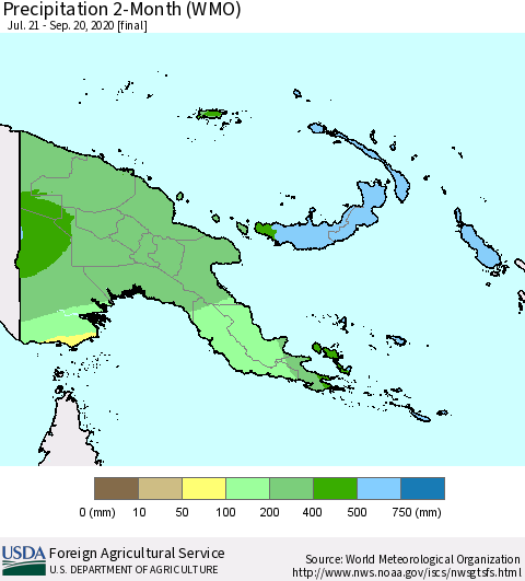 Papua New Guinea Precipitation 2-Month (WMO) Thematic Map For 7/21/2020 - 9/20/2020