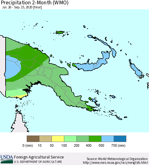 Papua New Guinea Precipitation 2-Month (WMO) Thematic Map For 7/26/2020 - 9/25/2020