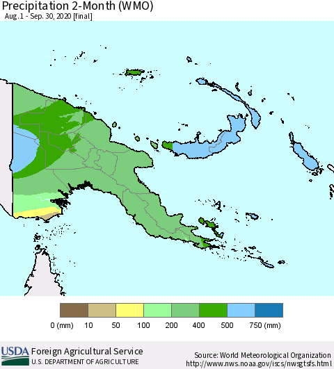 Papua New Guinea Precipitation 2-Month (WMO) Thematic Map For 8/1/2020 - 9/30/2020