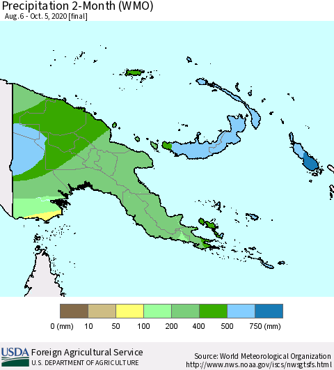 Papua New Guinea Precipitation 2-Month (WMO) Thematic Map For 8/6/2020 - 10/5/2020