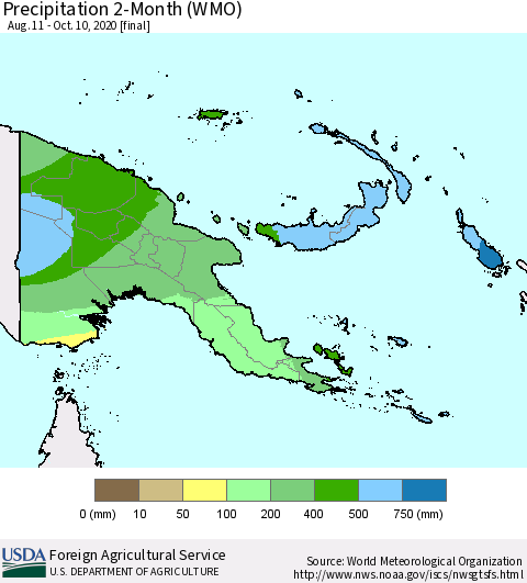 Papua New Guinea Precipitation 2-Month (WMO) Thematic Map For 8/11/2020 - 10/10/2020