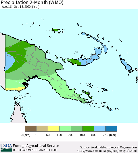 Papua New Guinea Precipitation 2-Month (WMO) Thematic Map For 8/16/2020 - 10/15/2020