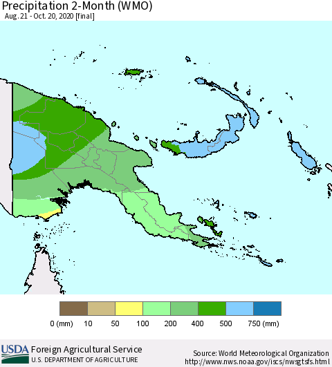 Papua New Guinea Precipitation 2-Month (WMO) Thematic Map For 8/21/2020 - 10/20/2020