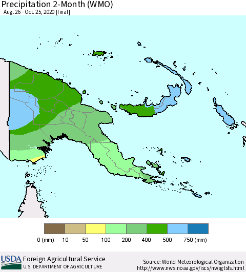 Papua New Guinea Precipitation 2-Month (WMO) Thematic Map For 8/26/2020 - 10/25/2020