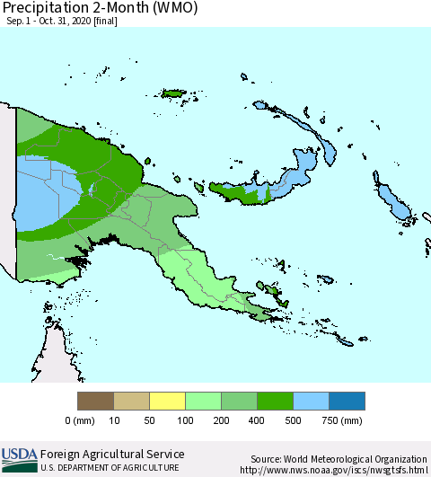 Papua New Guinea Precipitation 2-Month (WMO) Thematic Map For 9/1/2020 - 10/31/2020