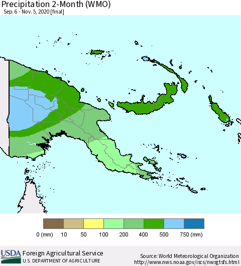 Papua New Guinea Precipitation 2-Month (WMO) Thematic Map For 9/6/2020 - 11/5/2020