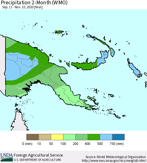 Papua New Guinea Precipitation 2-Month (WMO) Thematic Map For 9/11/2020 - 11/10/2020