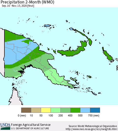 Papua New Guinea Precipitation 2-Month (WMO) Thematic Map For 9/16/2020 - 11/15/2020