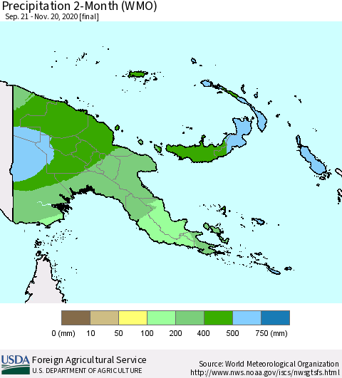 Papua New Guinea Precipitation 2-Month (WMO) Thematic Map For 9/21/2020 - 11/20/2020