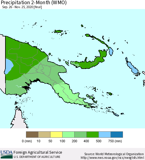 Papua New Guinea Precipitation 2-Month (WMO) Thematic Map For 9/26/2020 - 11/25/2020