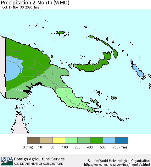 Papua New Guinea Precipitation 2-Month (WMO) Thematic Map For 10/1/2020 - 11/30/2020