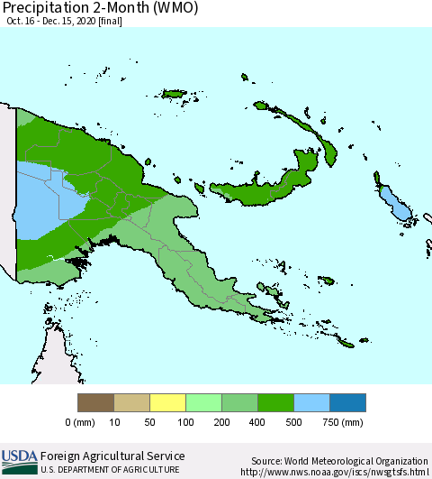 Papua New Guinea Precipitation 2-Month (WMO) Thematic Map For 10/16/2020 - 12/15/2020