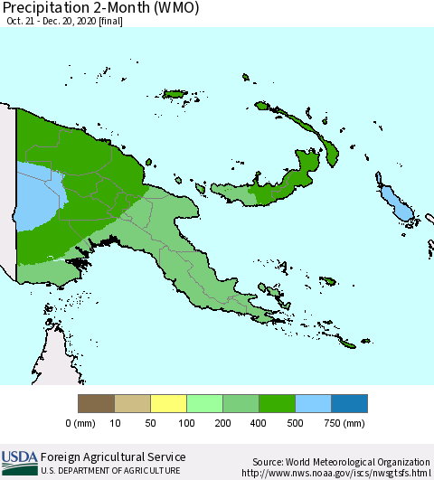 Papua New Guinea Precipitation 2-Month (WMO) Thematic Map For 10/21/2020 - 12/20/2020