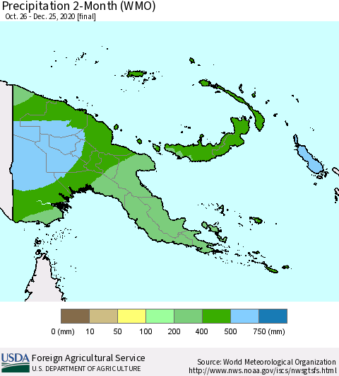Papua New Guinea Precipitation 2-Month (WMO) Thematic Map For 10/26/2020 - 12/25/2020