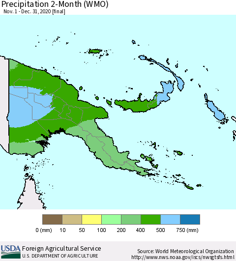 Papua New Guinea Precipitation 2-Month (WMO) Thematic Map For 11/1/2020 - 12/31/2020
