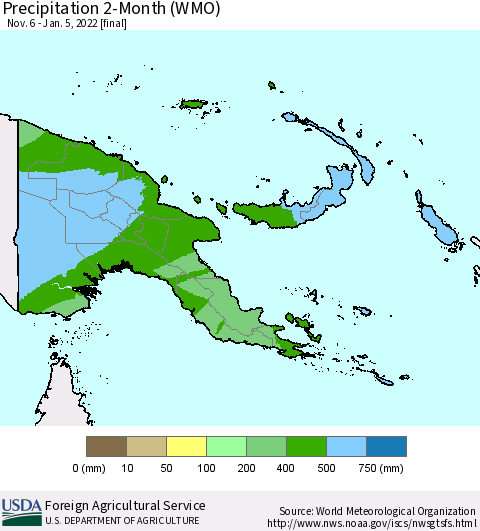 Papua New Guinea Precipitation 2-Month (WMO) Thematic Map For 11/6/2021 - 1/5/2022