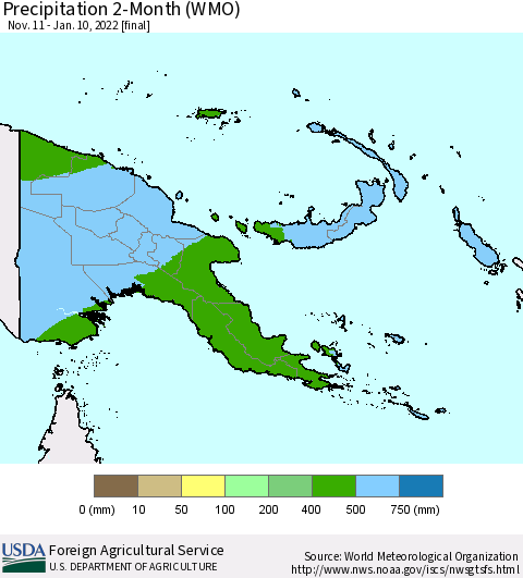 Papua New Guinea Precipitation 2-Month (WMO) Thematic Map For 11/11/2021 - 1/10/2022