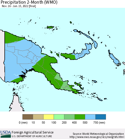 Papua New Guinea Precipitation 2-Month (WMO) Thematic Map For 11/16/2021 - 1/15/2022